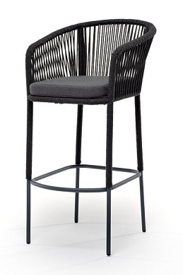 "марсель" стул барный плетеный из роупа, каркас из стали серый (ral7022), роуп темно-серый круглый, ткань темно-серая в официальном магазине viva-verde.ru