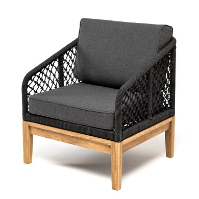 "канны" кресло плетеное из роупа (узелки), основание дуб, роуп темно-серый круглый, ткань серая в официальном магазине viva-verde.ru