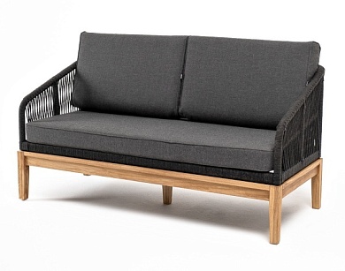 "канны" диван 2-местный плетеный из роупа, основание дуб, роуп темно-серый круглый, ткань темно-серая в официальном магазине viva-verde.ru