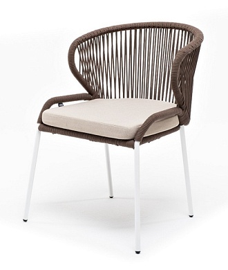 "милан" стул плетеный из роупа, каркас алюминий белый, роуп коричневый круглый, ткань бежевая в официальном магазине viva-verde.ru