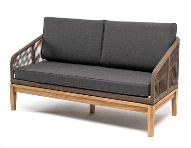 "канны" диван 2-местный плетеный из роупа, основание дуб, роуп коричневый круглый, ткань темно-серая в официальном магазине viva-verde.ru