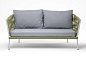 "Диего" диван 2-местный плетеный из роупа, каркас алюминий светло-серый (RAL7035) шагрень, роуп салатовый меланж круглый, ткань светло-серая