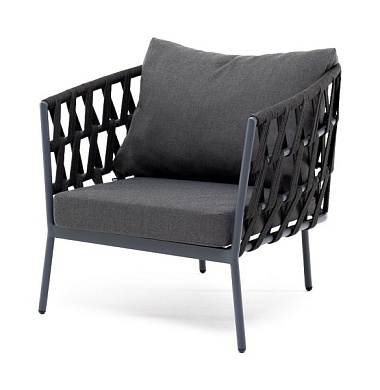 "диего" кресло плетеное из роупа, каркас алюминий темно-серый (ral7024), роуп темно-серый круглый, ткань темно-серая в официальном магазине viva-verde.ru
